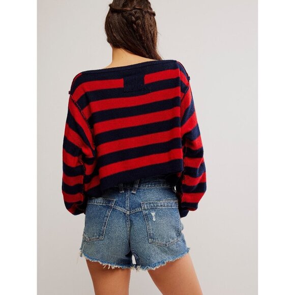 Free People Blue and Red Crew Neck Sweater with Bold Stripes - Picture 4 of 6